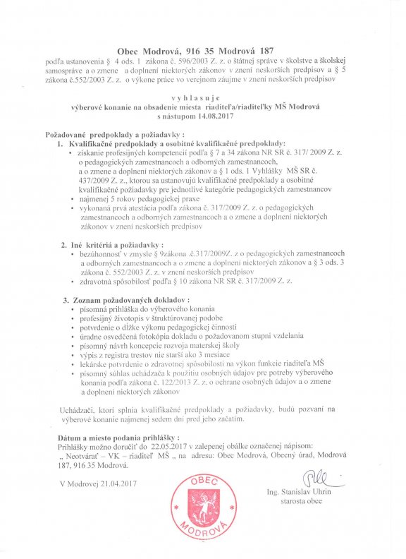 Výberové konanie na obsadenie miesta riaditeľa-riaditeľky MŠ Mo